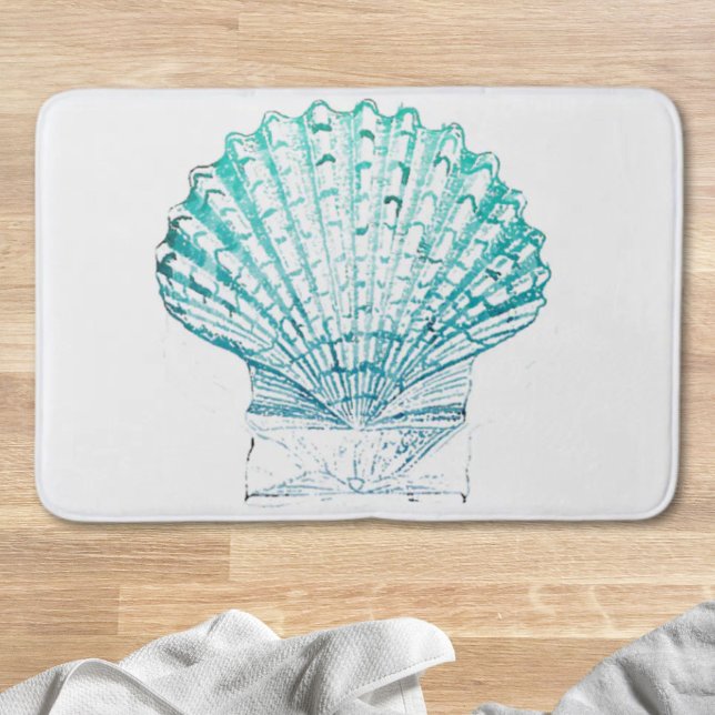Alfombrilla De Baño moda costera azul verde azulado acuarela de sirena (coastal chic teal blue watercolor mermaid seashell bath mat)