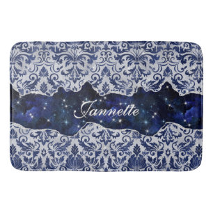 Alfombrilla De Baño Moda floral purpurinoso Marina Plata Azul Monogram