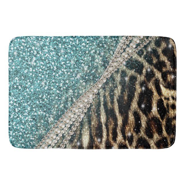 Alfombrilla De Baño Moda Girly Leopard Print Purpurina Azul (Anverso)