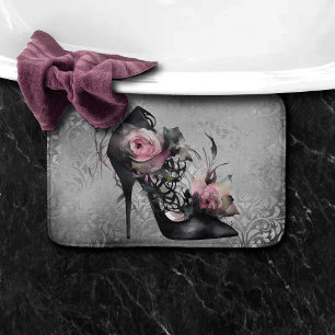 Alfombrilla De Baño Moda gótica Stiletto Heel con rosas malvas rosadas