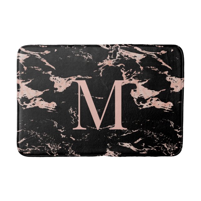 Alfombrilla De Baño Moda Monograma Rosa de mármol negro (Anverso)
