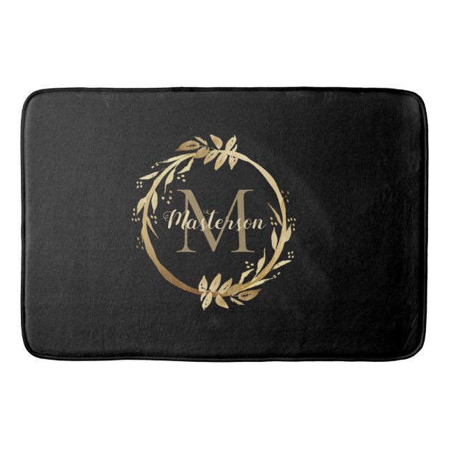 Alfombrilla De Baño Moda Oro Negro Monograma Eucalyptus Wreath (Anverso)