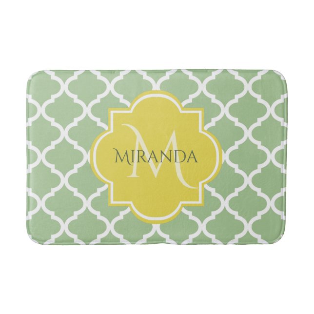 Alfombrilla De Baño Moda Pastel Verde Quatrefoil Amarillo Nombre Monog (Anverso)