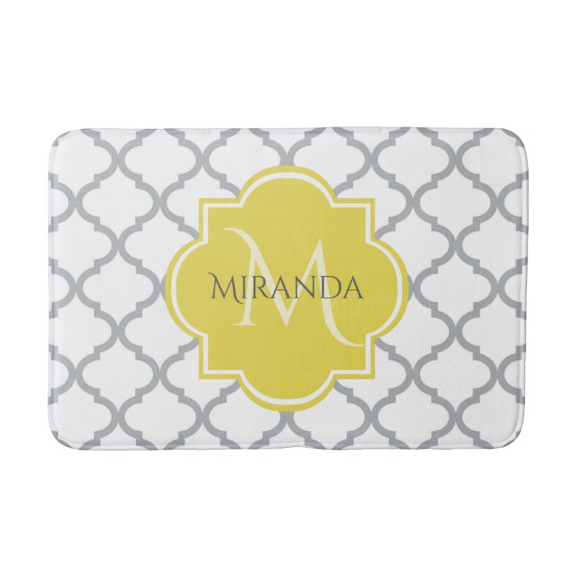 Alfombrilla De Baño Moda Quatrefoil gris blanco Monogramo amarillo Nom (Anverso)