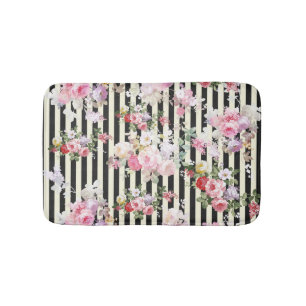 Alfombrilla De Baño Modelo amarillo negro floral rosado de las rayas