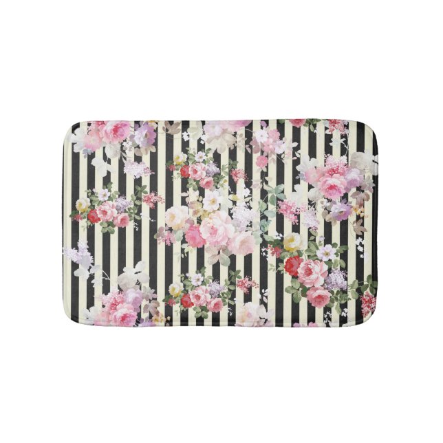 Alfombrilla De Baño Modelo amarillo negro floral rosado de las rayas (Anverso)