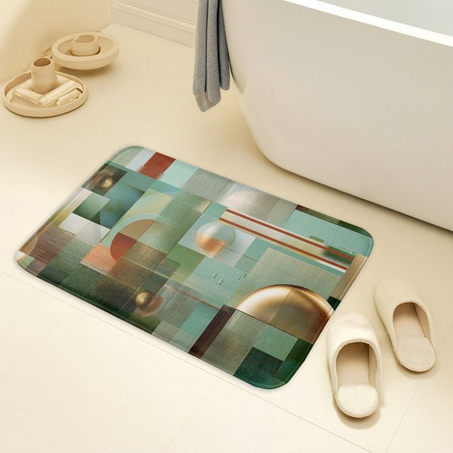 Alfombrilla De Baño Modern Abstract Bauhaus Green Gold Pattern (Bath mat featuring a modern abstract design inspired by the Bauhaus style in green and gold)