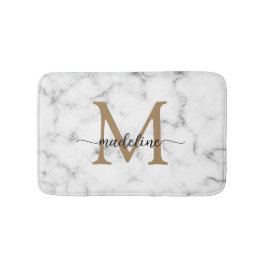 Alfombrilla De Baño Modern Marble Gold Girly Script Monogram