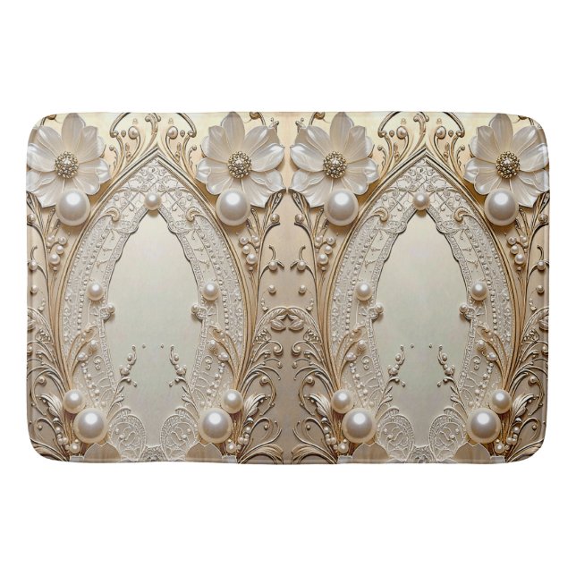Alfombrilla De Baño Modern White Flowers Pearls Bath Mat (Anverso)