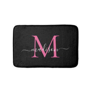 Alfombrilla De Baño Moderna escritura magenta rosa de monograma negro