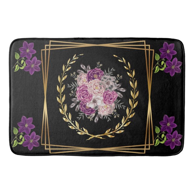 Alfombrilla De Baño Moderno y lujoso Black Gold Morple Floral Trendy (Anverso)