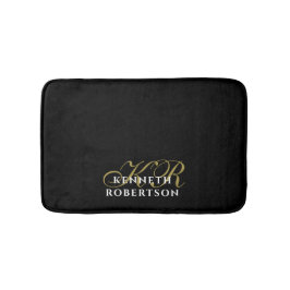 Alfombrilla De Baño Monogram Black Gold White Minimalist Men Elegant
