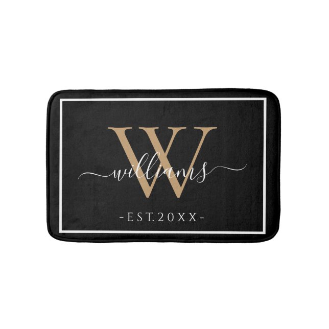 Alfombrilla De Baño Monogram Chic Gold Script Names Wedding Date Black (Anverso)