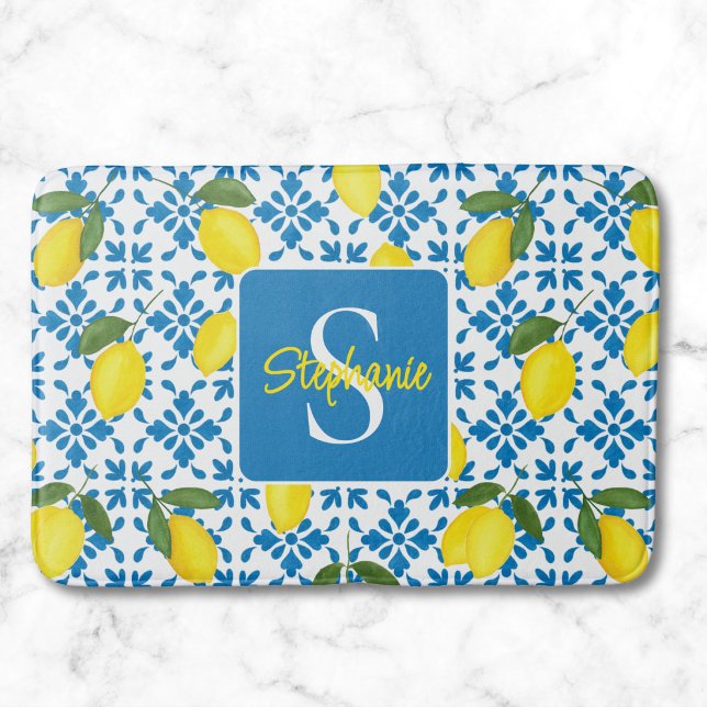 Alfombrilla De Baño Monogram Name Blue French Tile Lemon Pattern  (Subido por el creador)