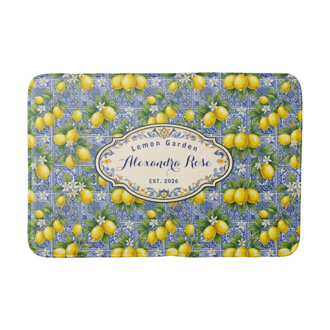 Alfombrilla De Baño Monogram Name Lemon Blue French Country Tile  (Anverso)