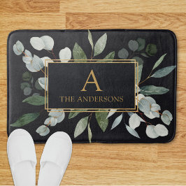 Alfombrilla De Baño Monogram Watercolor Tropical Green Leaves Black