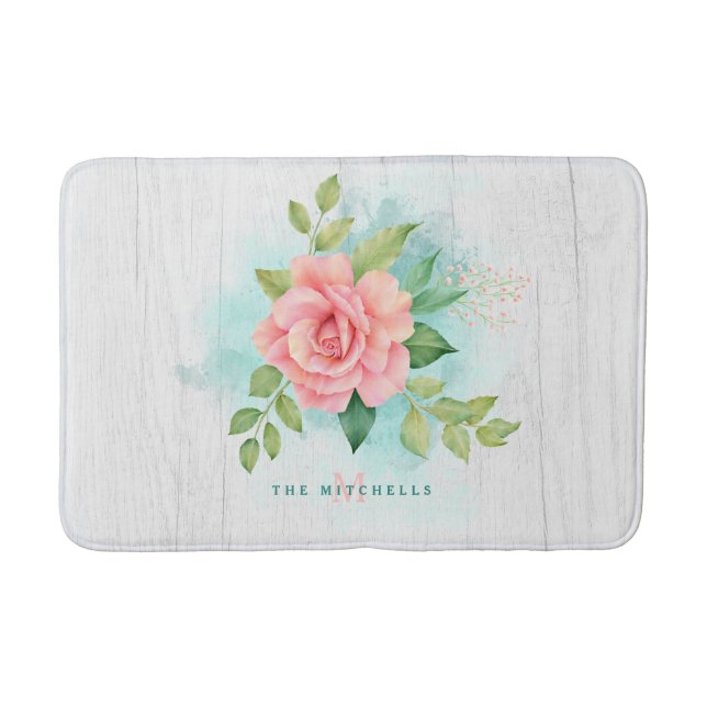 Alfombrilla De Baño Monograma Acuarela Turquesa Ombre Rosa (Anverso)