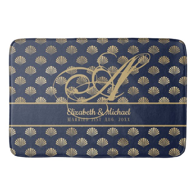 Alfombrilla De Baño Monograma ART Deco Navy Blue Gold Shellyweds (Anverso)