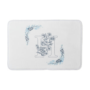 Alfombrilla De Baño Monograma azul inicial "H" Floral