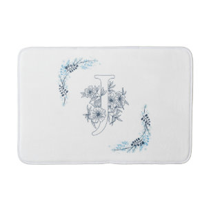 Alfombrilla De Baño Monograma azul inicial "J" Floral calmo