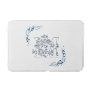 Alfombrilla De Baño Monograma azul inicial "M" Floral