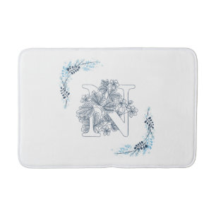 Alfombrilla De Baño Monograma azul inicial "N" Floral