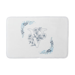 Alfombrilla De Baño Monograma azul inicial "V" Floral