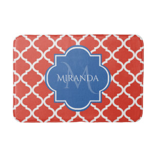 Alfombrilla De Baño Monograma azul trendy y quatrefoil rojo