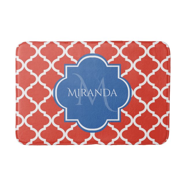 Alfombrilla De Baño Monograma azul trendy y quatrefoil rojo (Anverso)