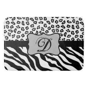 Alfombrilla De Baño Monograma blanco negro de la piel del leopardo de