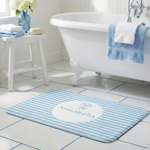 Alfombrilla De Baño Monograma Caprichoso Azul Blanco a Rayas