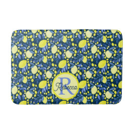 Alfombrilla De Baño Monograma Chic Nombre Cítrico Rústico Limones Hoja