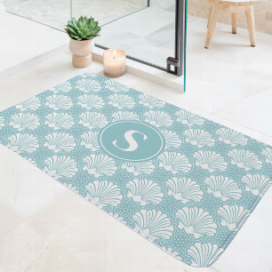 Alfombrilla De Baño Monograma Costero Caracola Azul Cielo y Blanco