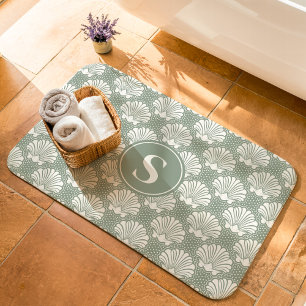 Alfombrilla De Baño Monograma Costero de Concha de Mar Blanco y Verde