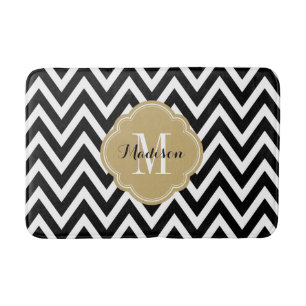Alfombrilla De Baño Monograma de cheurón negro y dorado