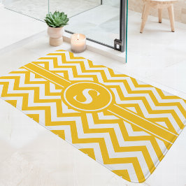 Alfombrilla De Baño Monograma De Chevron Amarillo Y Blanco