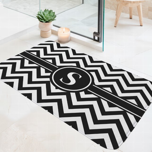 Alfombrilla De Baño Monograma de Chevron en Blanco y Negro (Subido por el creador)