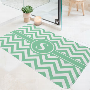 Alfombrilla De Baño Monograma de Chevron Verde Menta y Blanco