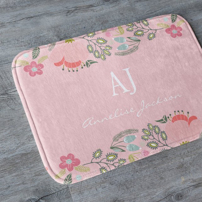 Alfombrilla De Baño Monograma de chica floral rosa personalizado (Subido por el creador)