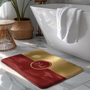 Alfombrilla De Baño Monograma de diseño geométrico oro y rojo