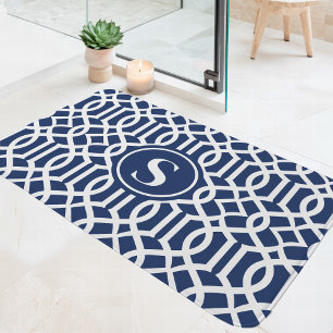 Alfombrilla De Baño Monograma de enrejado azul marino y blanco