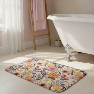 Alfombrilla De Baño Monograma de flor a presión rosa y amarilla