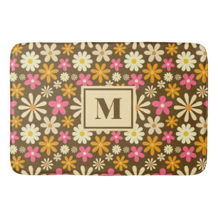 Alfombrilla De Baño Monograma de flor hippie groovy de moda retro 70
