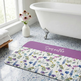 Alfombrilla De Baño Monograma de Flor Silvestre Acuarela Azul Púrpura