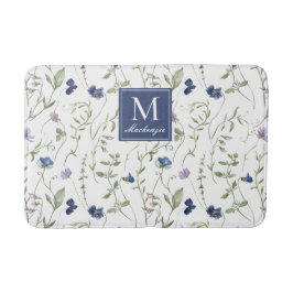 Alfombrilla De Baño Monograma de flor silvestre acuarela púrpura azul