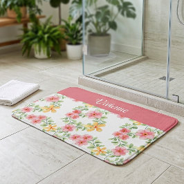 Alfombrilla De Baño Monograma de flor silvestre acuarela rosa naranja 