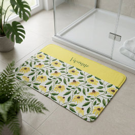 Alfombrilla De Baño Monograma de flor silvestre acuarela verde amarill