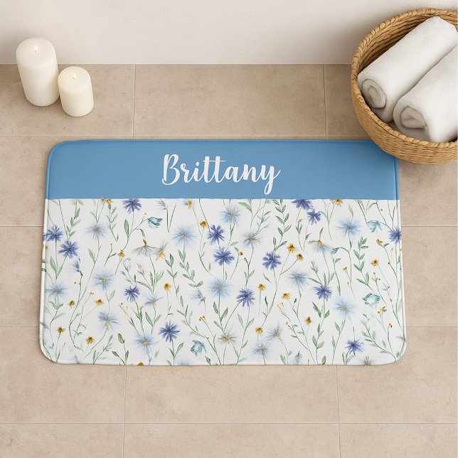 Alfombrilla De Baño Monograma de flor silvestre azul púrpura (Subido por el creador)