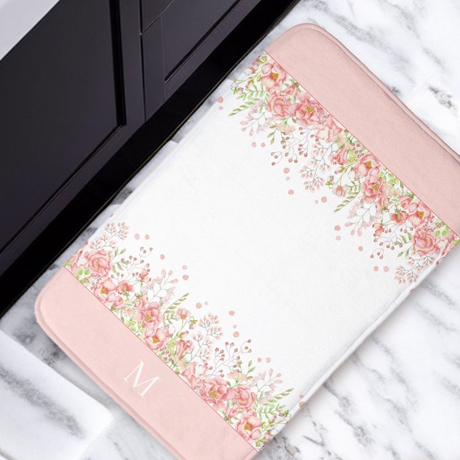 Alfombrilla De Baño Monograma de Flores Silvestres Florales Rosa (Watercolor Pink Floral Wildflowers Monogram Bath Mat)
