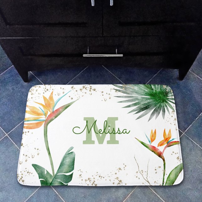 Alfombrilla De Baño Monograma de Foliage floral tropical de oro blanco (Subido por el creador)